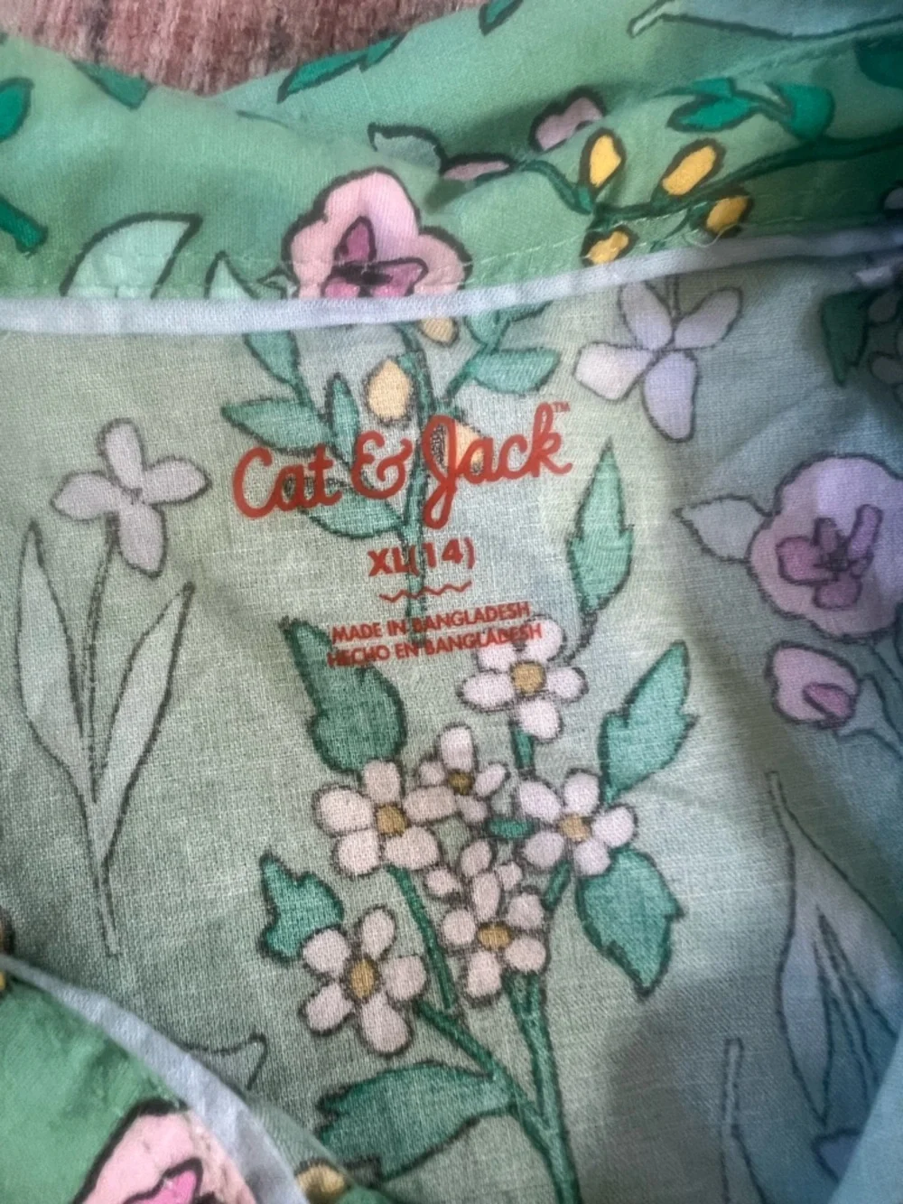Cat & Jack Boys Green Floral Button Up Shirt Size XL 14